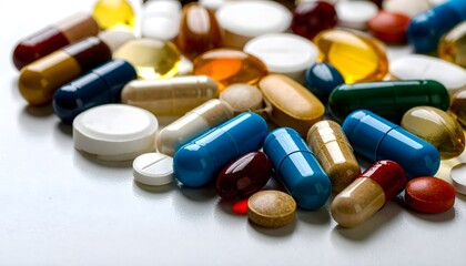 Assorted pills and capsules medication supplements health and wellness concept