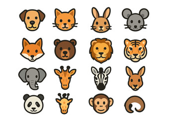 Fototapeta premium Cute animal icons collection: dog, cat, rabbit, mouse, fox, bear, lion, tiger, elephant, giraffe, zebra, kangaroo, panda, monkey