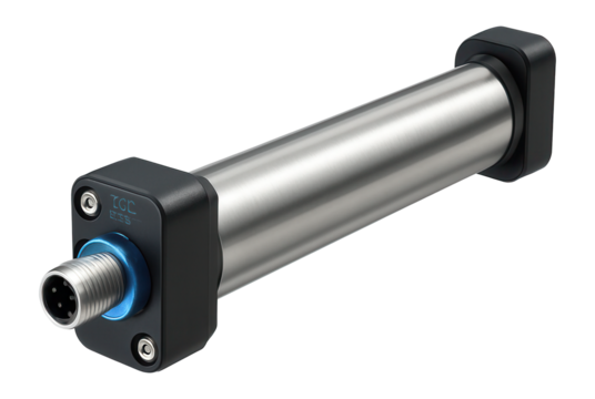 Linear position sensor with a rod-style housing for measuring linear displacement in an industrial automation setup.