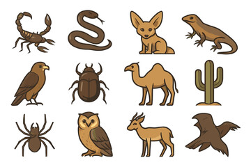 Fototapeta premium Cartoon desert animals and plants featuring owl, camel, cactus, snake, and more