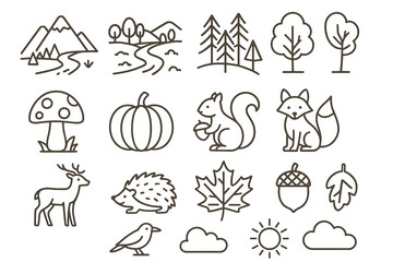Obraz premium Simple line art of nature with animals, trees, and weather elements