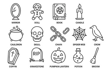 Halloween icons: mirror, doll, book, candle, cauldron, skull, chain, spider web, crow, coffin, gravestone, pumpkin lantern, potion, broom