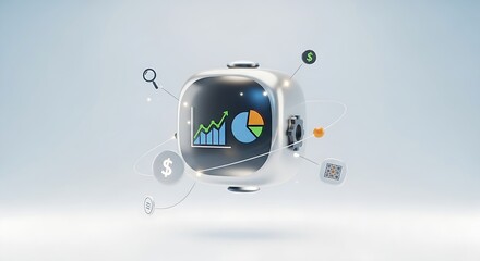 Floating metallic cube displaying financial charts and data analysis icons