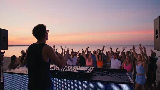 DJ at Sunset Beach Party - A DJ performs at an outdoor beach party as the sun sets, a large crowd of young people dances in front of him enjoying the music and sunset.