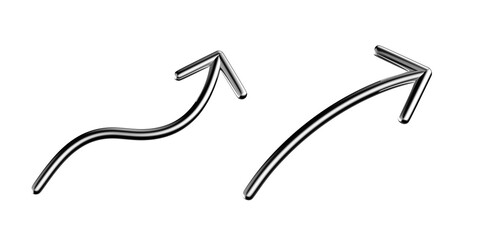 Metallic arrow 3D shape isolated. Futuristic chrome squiggle line arrows, simple curved pointer