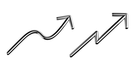 Metallic arrow 3D shape isolated. Futuristic chrome squiggle line arrow, finance growth arrow curved pointers