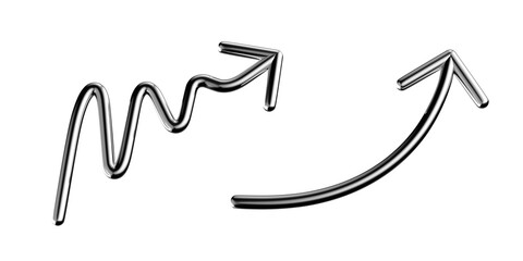 Metallic arrow 3D shape isolated. Futuristic chrome squiggle line arrow, finance growth arrow curved pointers