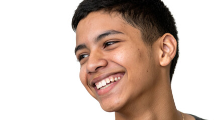 Obraz premium Close up portrait of a young man smiling with short dark hair and looking off to the side on a black background