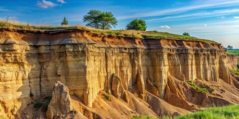 A Majestic Panorama of Eroded Sandstone Cliffs Under a Vivid Blue Sky, Displaying Layers of Sedimentary Rock and Lush Greenery on Top
