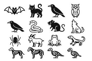 Silhouetted animal icons: bat, cat, raven, owl, wolf, snake, mouse, spider, goat, frog, lizard, skeletons