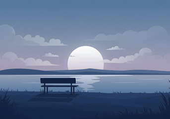 Obraz premium Serene lake at dusk quiet bench silhouette peaceful seascape vector