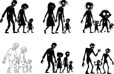 Creepy zombie family silhouettes set, spooky undead parents and children walking together, horror illustration for Halloween decoration and scary designs