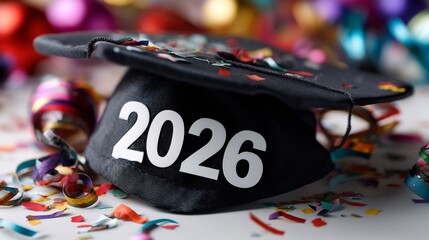 Graduation Cap with 2026 and Confetti: Celebrating Future Education, Academic Achievement, and Milestone Success