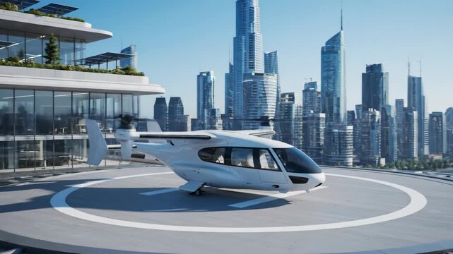 Futuristic EVTOL Passenger Transport on City Rooftop - A sleek, white electric vertical takeoff and landing (EVTOL) aircraft sits on a rooftop helipad, overlooking a modern metropolis.