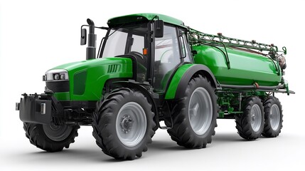 Obraz premium Green Agricultural Tractor with Sprayer Trailer on Isolated White Background for Farming and Agriculture