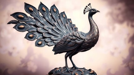 A sculpture of a peacock with its tail spread, depicted in cast bronze with an antique patina. This mystical and enchanting scene features soft color contrasts and a dreamlike atmosphere.