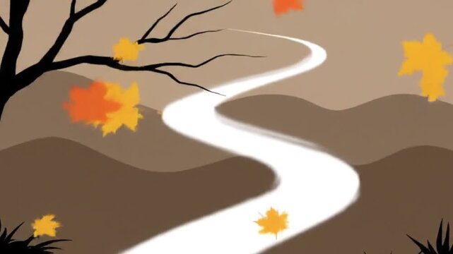 Animated Autumn: Falling Leaves Along a Winding Path in a Brown Landscape