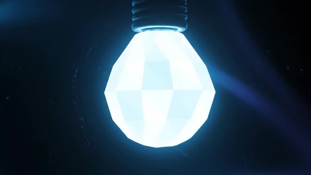 Glowing Low Poly Lightbulb - Futuristic Idea Concept - A bright, glowing low poly lightbulb illuminates the dark background, creating a futuristic and creative atmosphere.