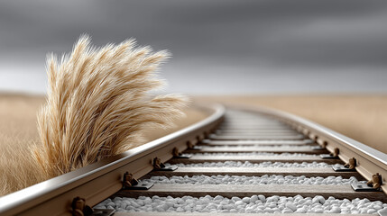 Rails of Transition: A mesmerizing railway track snakes gracefully into the distance, guiding the viewer's gaze toward an unknown horizon, juxtaposed with a tuft of wheat.