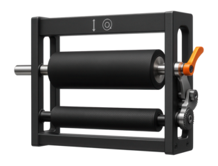 Heavy-duty fabric feeder with reinforced frame for large rolls in an industrial textile plant.
