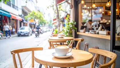 Cup of cappuccino sits on wooden table outside cafe on sunny morning, inviting customers to relax and enjoy the atmosphere.