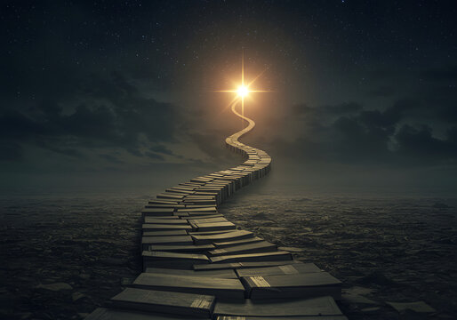 Stone path to bright light guiding the way through darkness