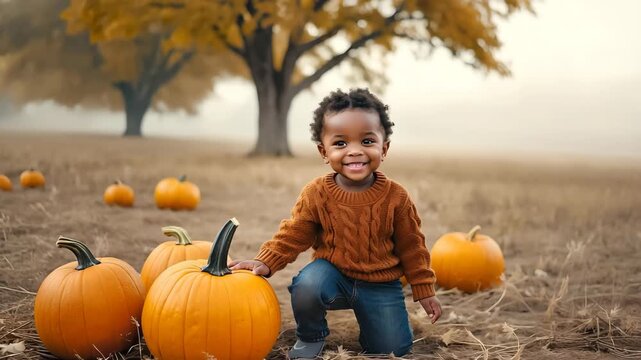 Happy child smiling in autumn pumpkin patch with cozy sweater and fall foliage background animated seasonal harvest video with joyful expression and natural outdoor portrait