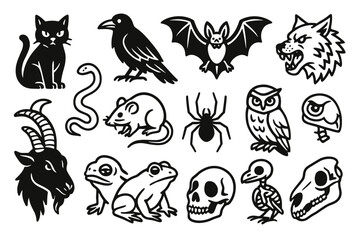 Fototapeta premium Silhouette collection of animals and skulls featuring cat, bat, and goat