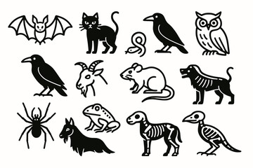 Fototapeta premium Silhouette collection of animals including bat cat snake crow owl goat rat dog spider frog skeleton