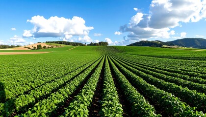 A vast expanse of vibrant green crops stretches across a rolling landscape under a clear, sunny sky.