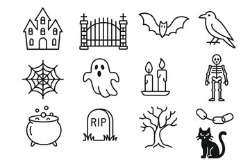 Fototapeta premium Halloween icons: haunted house, bat, ghost, skeleton, cat, spooky symbols