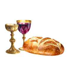 holy communion elements, bread loaf and gold chalice with red wine, watercolour style
