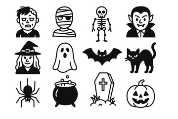 Fototapeta premium Halloween characters: witch, ghost, vampire, skeleton, pumpkin, bat, spider icons