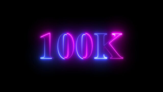 100K text with neon glowing effect on black background, luminous digital typography, futuristic number design