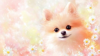 Pastel Pomeranian puppy in flowers