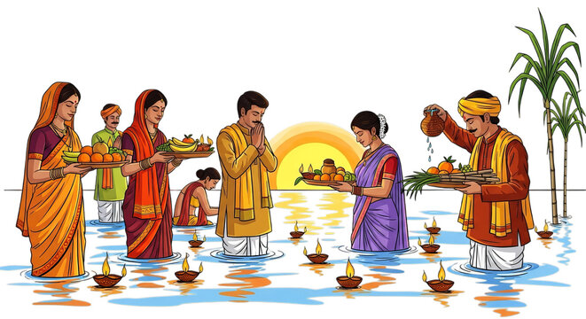 Traditional Chhath Puja Offering Arrangement with Fruits, Candles, and Sugarcanes