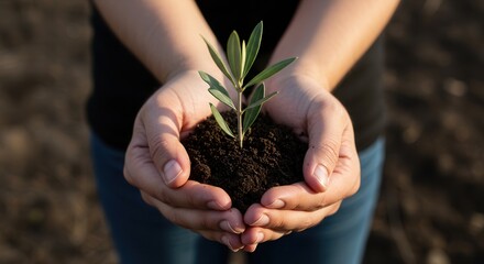 Fototapeta premium Hands Holding Olive Tree Seedling – Symbol of Peace, Hope, and Solidarity with the Palestinian People 
