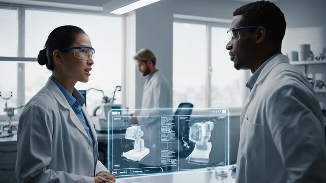 Medical Engineers Collaborating on Holographic Design - Two engineers in a hospital workroom collaborate using a holographic interface to design and install advanced medical equipment.