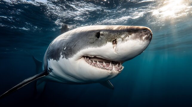 Powerful Apex Predator: Underwater Portrait of a Majestic Shark Swimming in the Ocean Sunlight