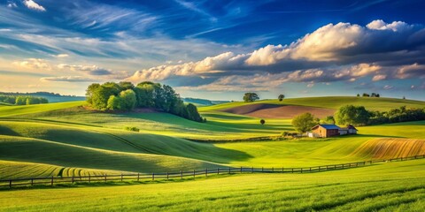 Obraz premium Serene Rural Landscape Rolling Green Hills, Farmhouse, and Wooden Fence under a Dramatic Sky