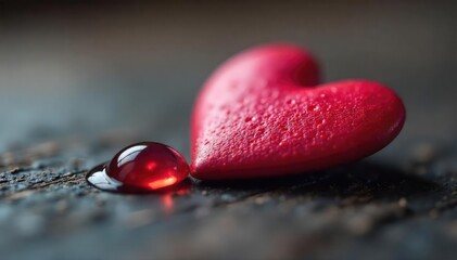 Close-up of a single tear falling onto a heart-shaped object, symbolizing heartbreak and lost love The image conveys sadness, longing, and the fragility of emotions , romance, concept, love