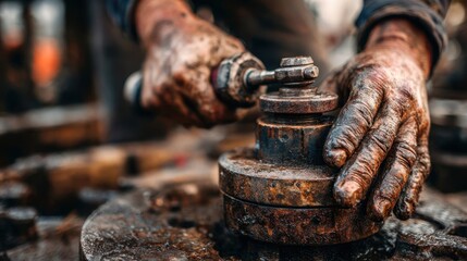 Close-Up of Worker Handling Mechanical Tools in Industrial Workshop with Grimy Hands and Vintage Equipment Highlighting Hard Work and Labor in Manufacturing