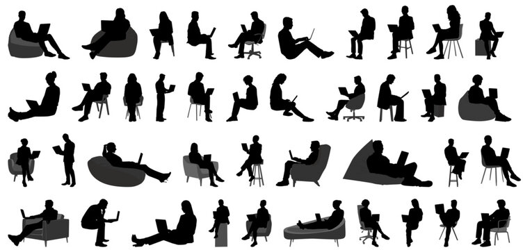 people working on computer and laptop. Business people and employee working or student studying using laptop computer. silhouette set of people using laptop. 