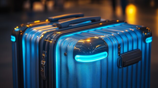 A bright blue suitcase with glowing edges awaits travelers at the airport, ready for new adventures
