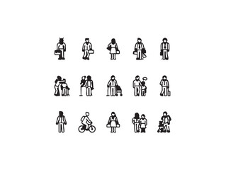People icon set vector: diverse characters, family, business, and recreation eps silhouette
