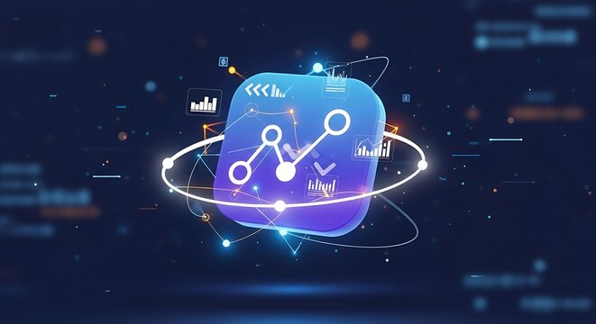 Futuristic 3d render of a glowing digital graph with orbiting data points and network connections