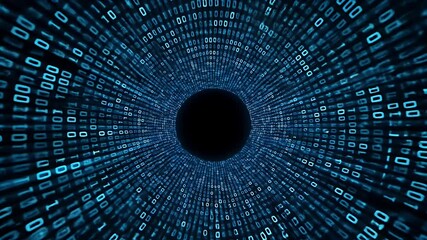 A digital tunnel of glowing blue binary code converging to a black center - Powered by Adobe