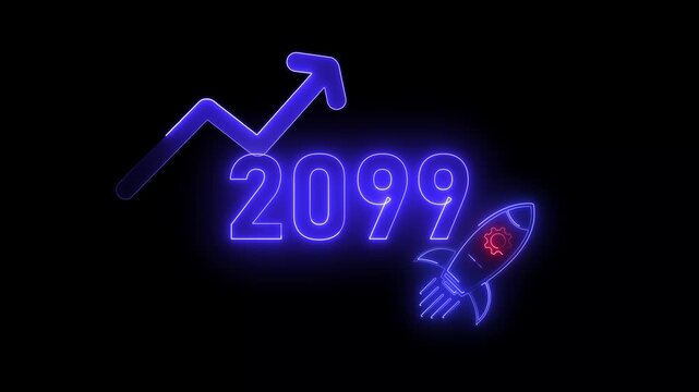 Blue neon 2099 year with upward arrow graph and rocket ship icon on black background new year