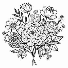hand drawn flowers  Charming peony doodle bouquet vector set, drawn in clean black and white outline style. Includes full-bloom peonies, buds, and leaves combined with light filler florals and foliage