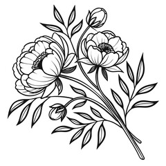 Elegant poppy doodle bouquet vector set, outlined in fine black contour style. Features blooming poppies, unopened buds, and leafy stems, arranged with soft wildflowers and greenery. Artistic monochro